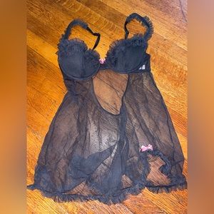 Victoria Secret black lace mesh teddy early 2000s y2k push up bra with pink bows